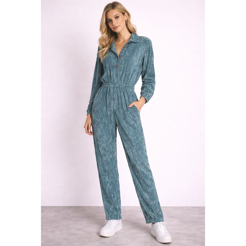 Alysi Made in Italy Blue Green Crinkle Velvet Jumpsuit Size US 2 Textured Button